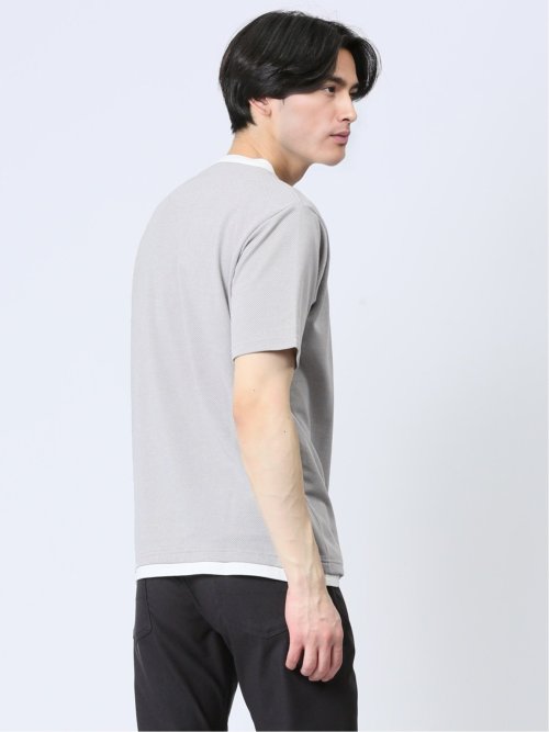 さまになる フェイクレイヤード キーネック半袖Tシャツ