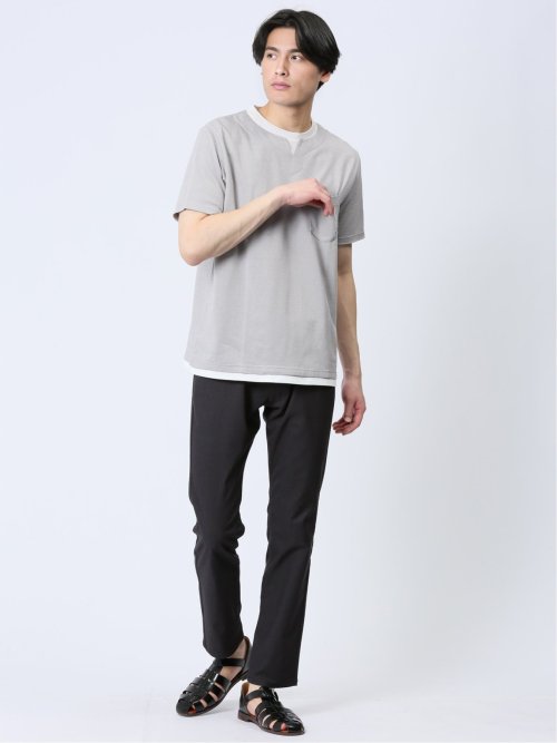 さまになる フェイクレイヤード キーネック半袖Tシャツ