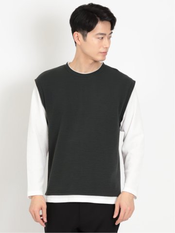 フェイクレイヤード ベストクルーネック長袖Tシャツ