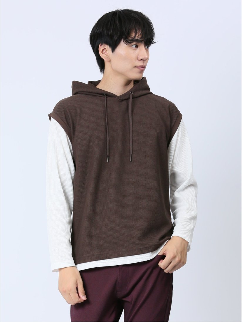 さまになる フェイクレイヤード 長袖プルパーカー(M 30茶): トップス  