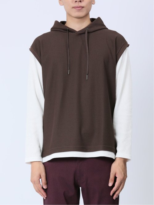 さまになる フェイクレイヤード 長袖プルパーカー