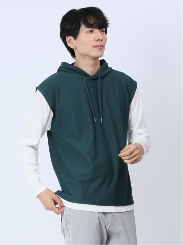 さまになる フェイクレイヤード 長袖プルパーカー