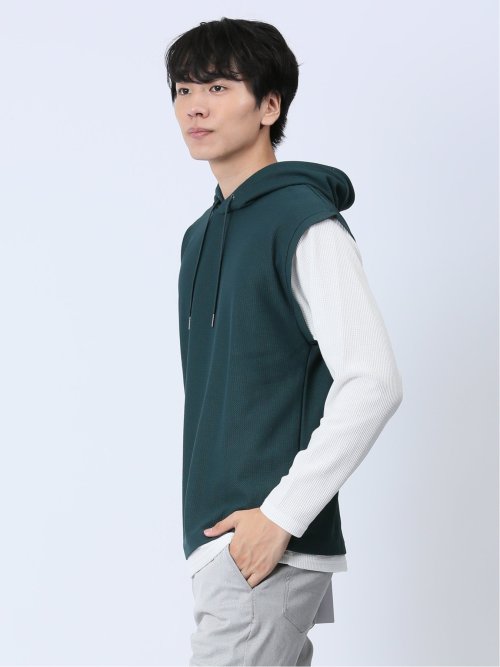 さまになる フェイクレイヤード 長袖プルパーカー