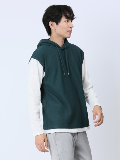 さまになる フェイクレイヤード 長袖プルパーカー