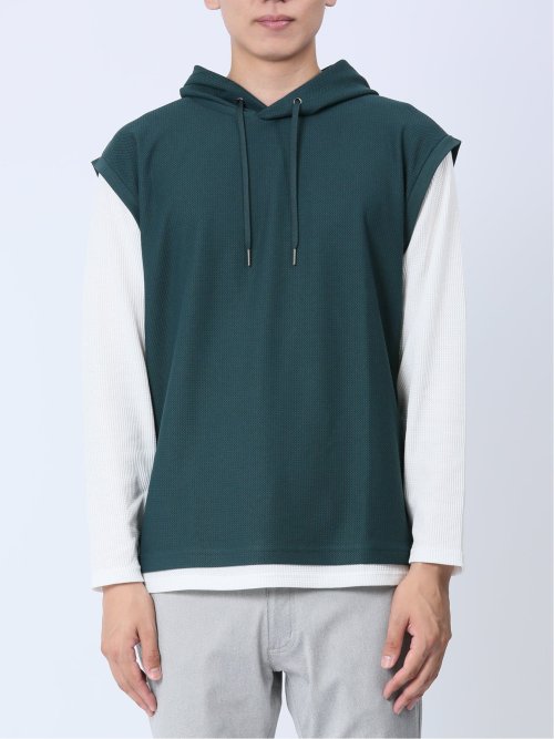 さまになる フェイクレイヤード 長袖プルパーカー