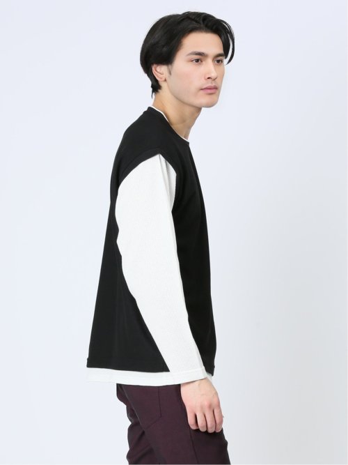 さまになる フェイクレイヤード クルーネック長袖Tシャツ