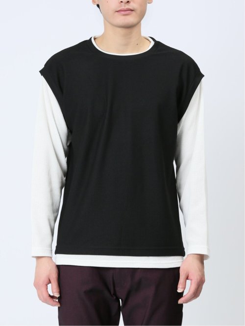 さまになる フェイクレイヤード クルーネック長袖Tシャツ(M 05黒