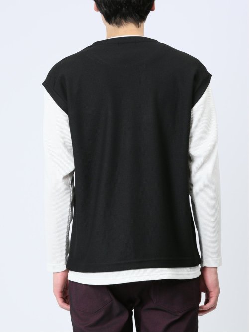 さまになる フェイクレイヤード クルーネック長袖Tシャツ(M 05黒