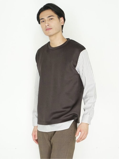 さまになる 布帛切替 クルーネック長袖Tシャツ