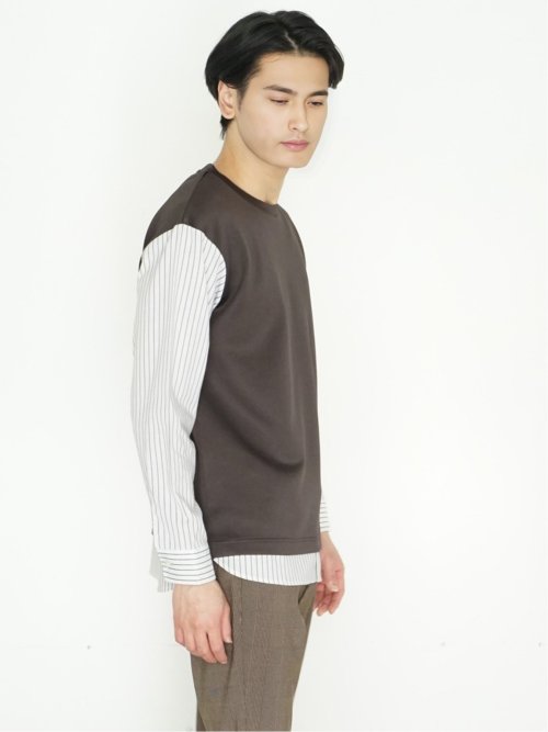 さまになる 布帛切替 クルーネック長袖Tシャツ