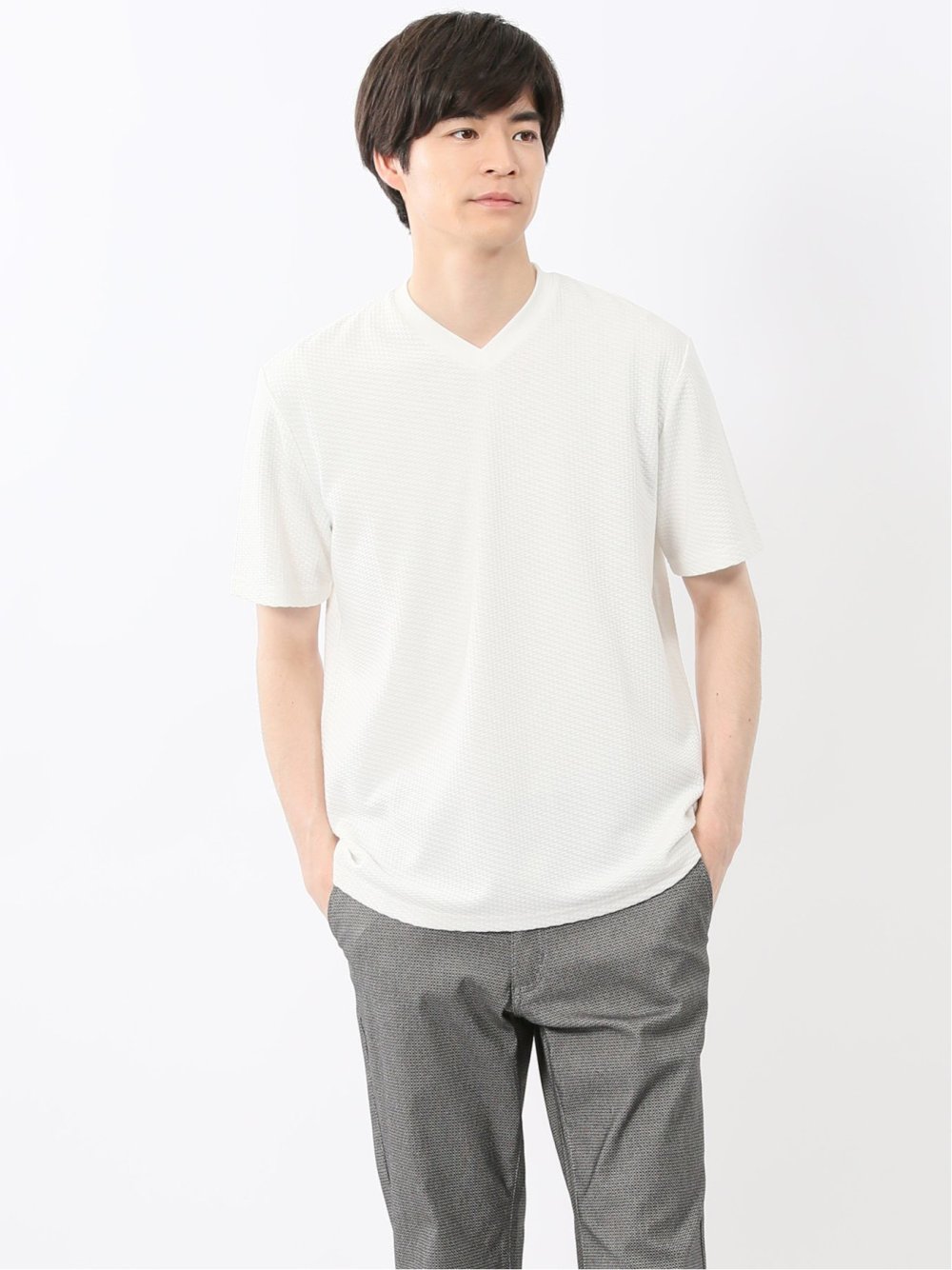 バイヤスジャガード Vネック半袖Tシャツ