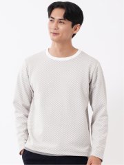 Tシャツ メンズ 長袖 ストレッチ クルーネック フェイクレイヤード バイアス ジャガード