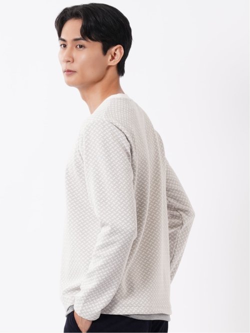 Tシャツ メンズ 長袖 ストレッチ クルーネック フェイクレイヤード バイアス ジャガード
