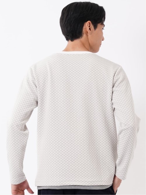 Tシャツ メンズ 長袖 ストレッチ クルーネック フェイクレイヤード バイアス ジャガード