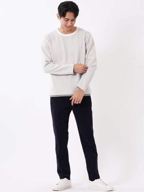Tシャツ メンズ 長袖 ストレッチ クルーネック フェイクレイヤード バイアス ジャガード