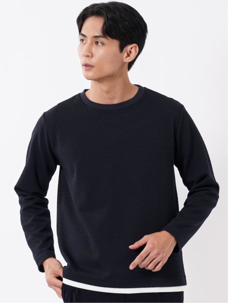 Tシャツ メンズ 長袖 ストレッチ クルーネック フェイクレイヤード バイアス ジャガード