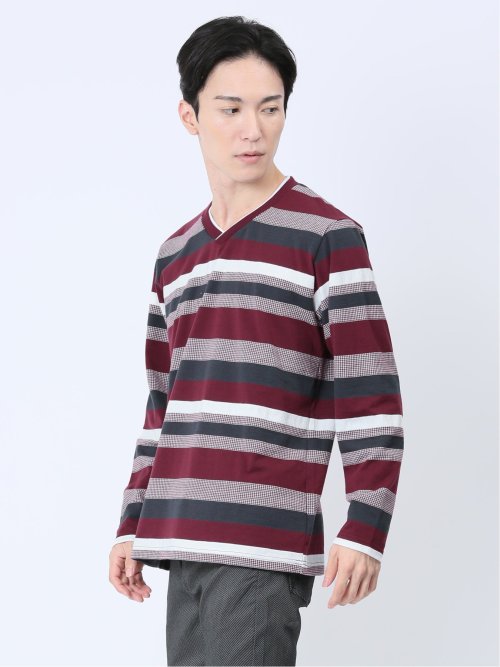ランダムボーダー フェイクVネック長袖Tシャツ