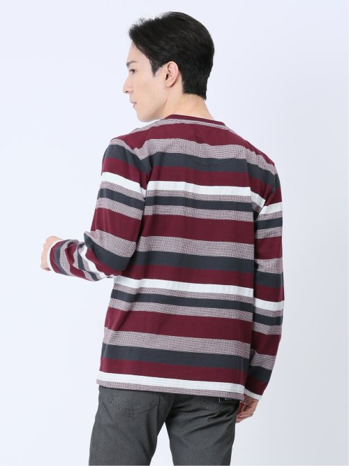 ランダムボーダー フェイクVネック長袖Tシャツ