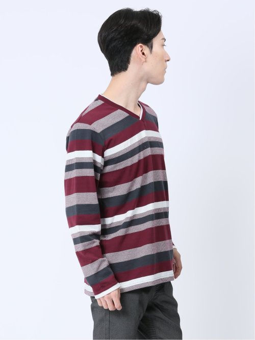 ランダムボーダー フェイクVネック長袖Tシャツ