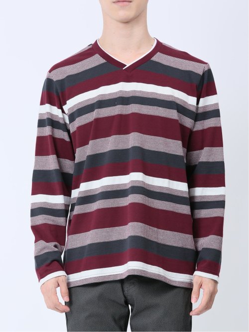 ランダムボーダー フェイクVネック長袖Tシャツ