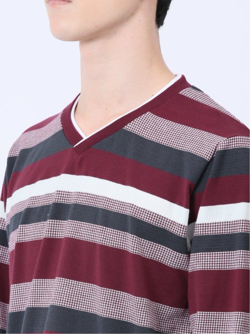 ランダムボーダー フェイクVネック長袖Tシャツ