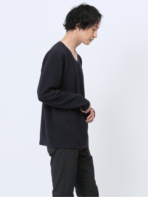 ジオメトリックジャガード フェイクVネック長袖Tシャツ