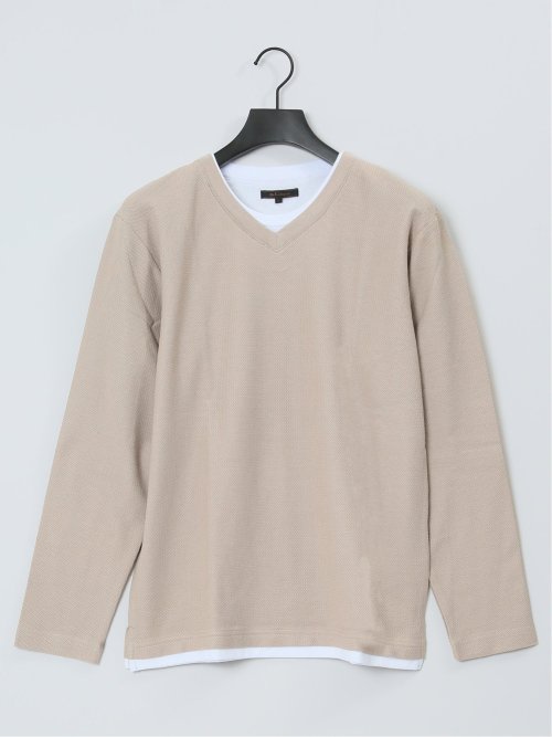 畦ニットソー フェイクVネック長袖Tシャツ