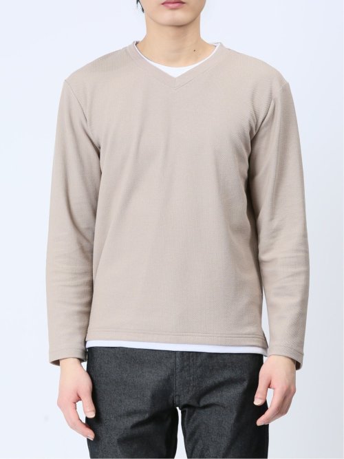 畦ニットソー フェイクVネック長袖Tシャツ