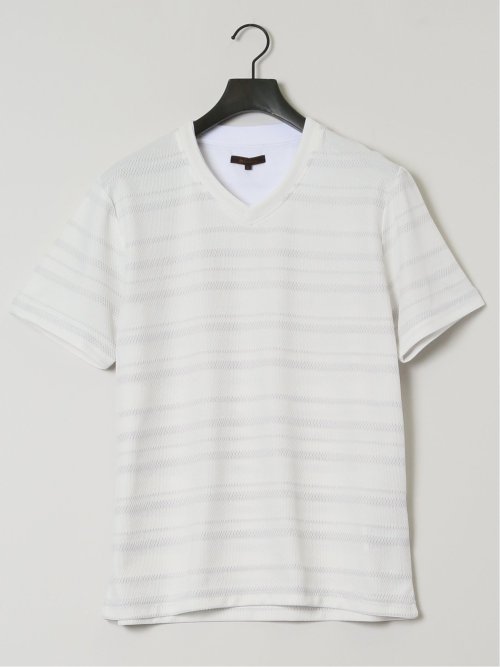 メッシュボーダー フェイクVネック半袖Tシャツ