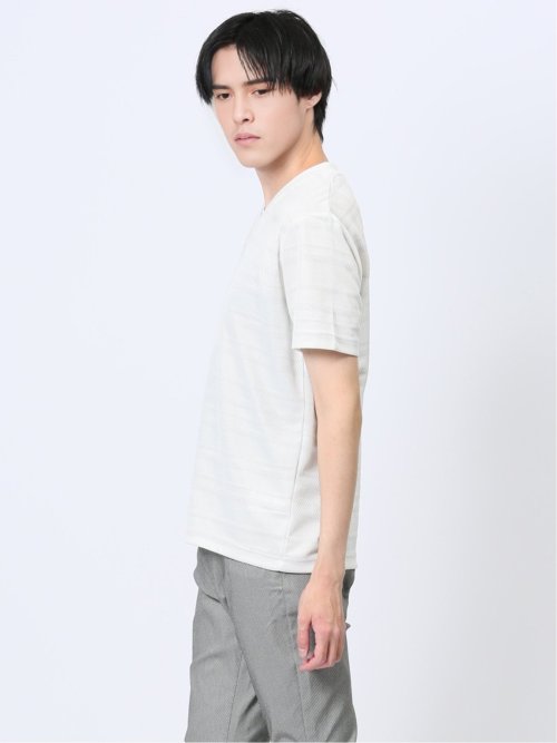 メッシュボーダー フェイクVネック半袖Tシャツ