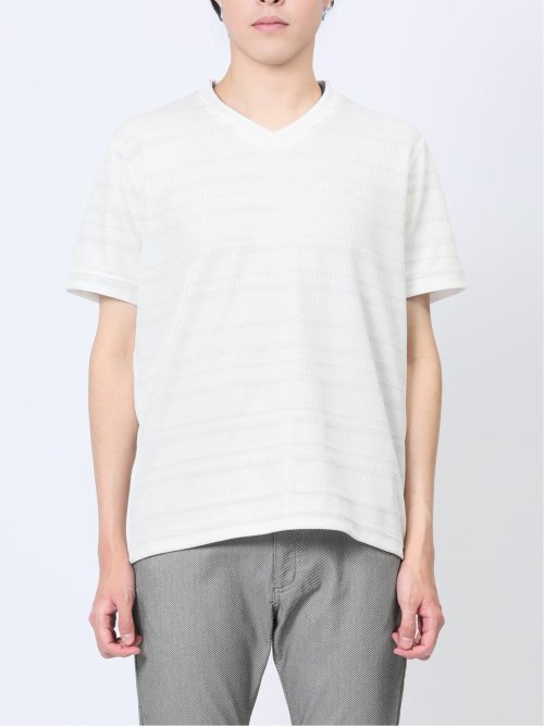 メッシュボーダー フェイクVネック半袖Tシャツ