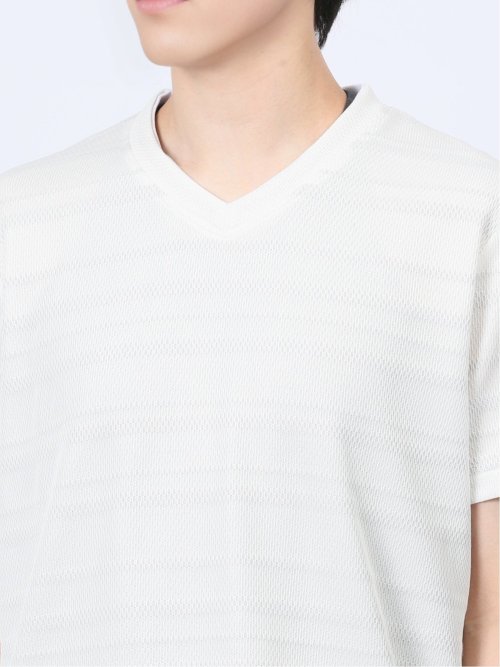 メッシュボーダー フェイクVネック半袖Tシャツ