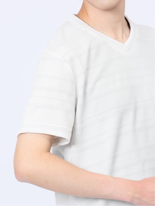 メッシュボーダー フェイクVネック半袖Tシャツ