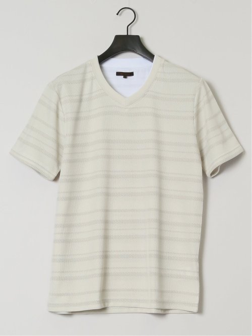 メッシュボーダー フェイクVネック半袖Tシャツ