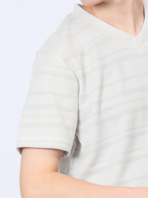 メッシュボーダー フェイクVネック半袖Tシャツ