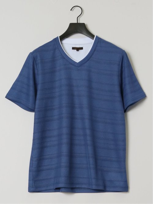 メッシュボーダー フェイクVネック半袖Tシャツ