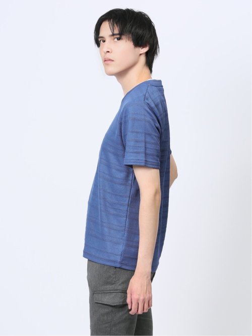 メッシュボーダー フェイクVネック半袖Tシャツ