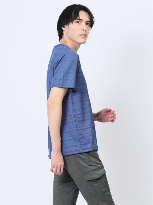 メッシュボーダー フェイクVネック半袖Tシャツ