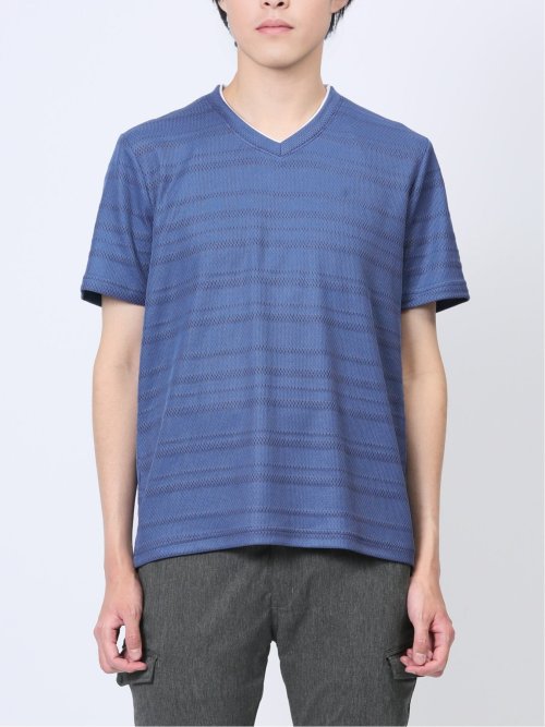 メッシュボーダー フェイクVネック半袖Tシャツ