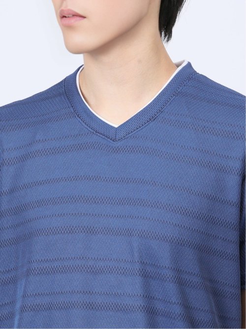メッシュボーダー フェイクVネック半袖Tシャツ