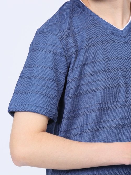 メッシュボーダー フェイクVネック半袖Tシャツ