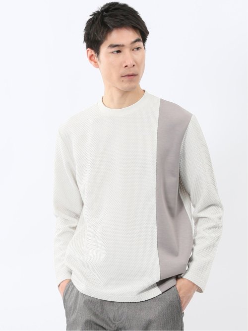 バーズアイジャガード クルーネック長袖Tシャツ(M 03ライトグレー