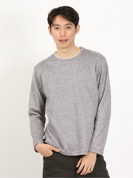 プリントニットフリース フェイククルーネック長袖プルオーバー