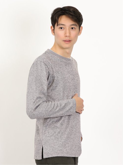 プリントニットフリース フェイククルーネック長袖プルオーバー