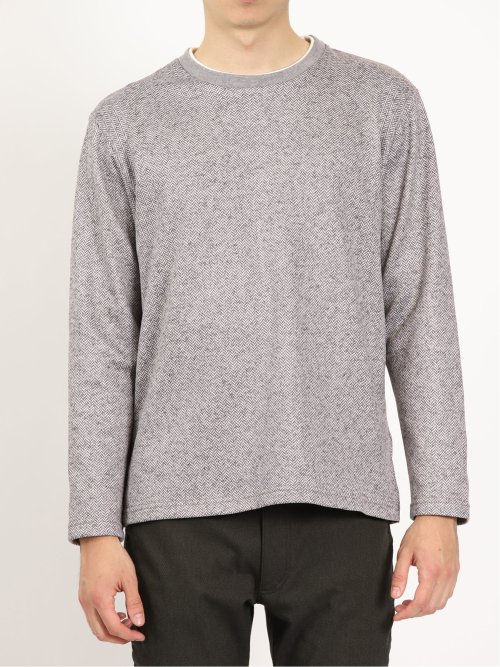 プリントニットフリース フェイククルーネック長袖プルオーバー