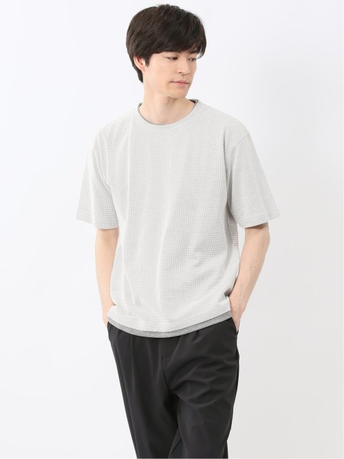 格子柄ジャガード クルーネック半袖Tシャツ