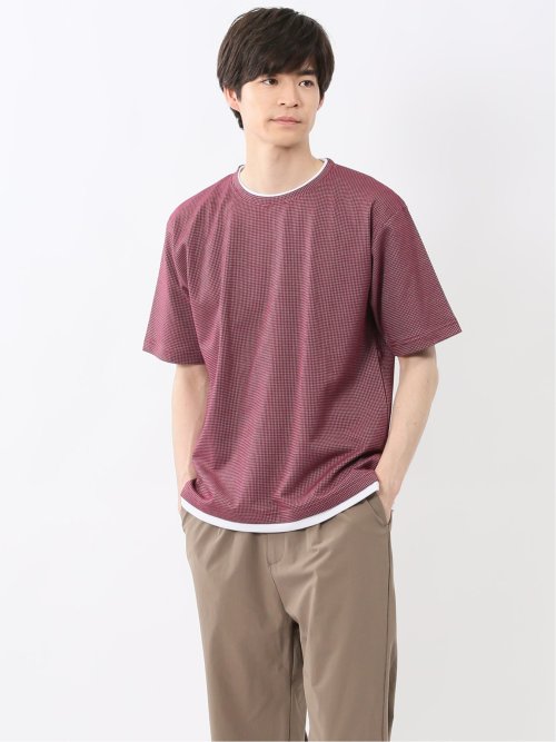 格子柄ジャガード クルーネック半袖Tシャツ