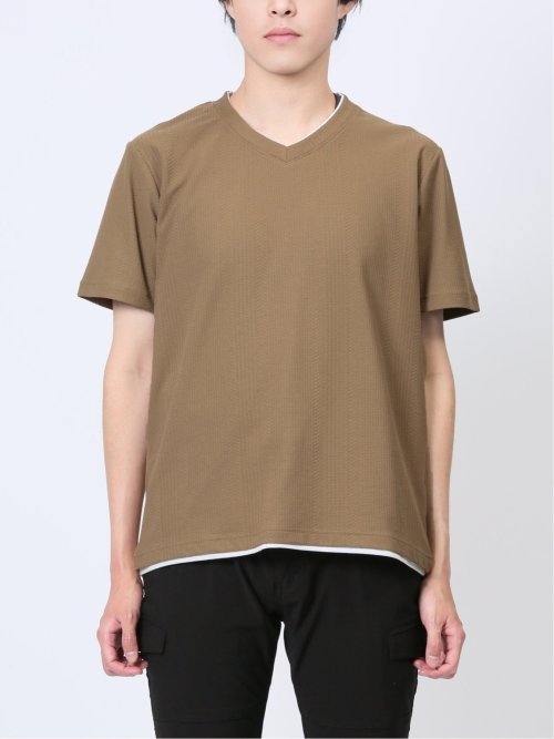 ジャガードヘリンボン フェイクVネック半袖Tシャツ