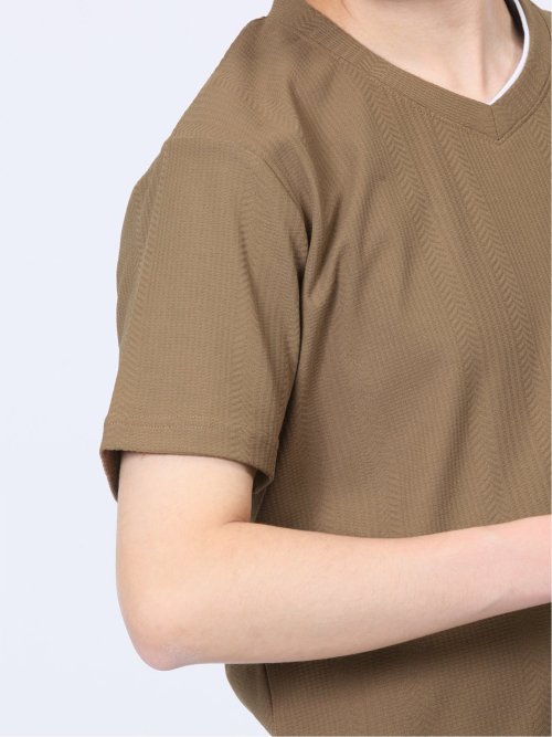 ジャガードヘリンボン フェイクVネック半袖Tシャツ