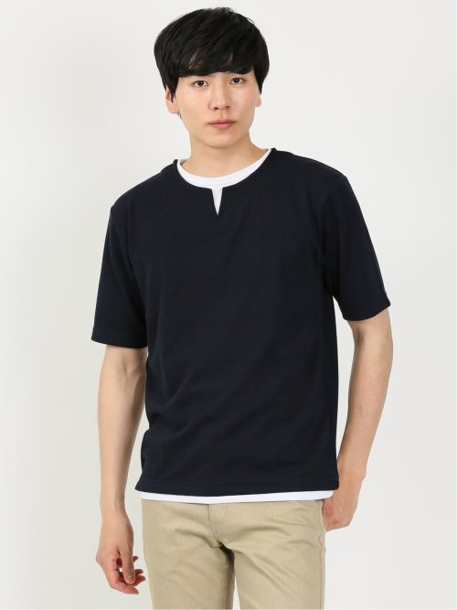 幾何学ジャガード キーネック半袖Tシャツ